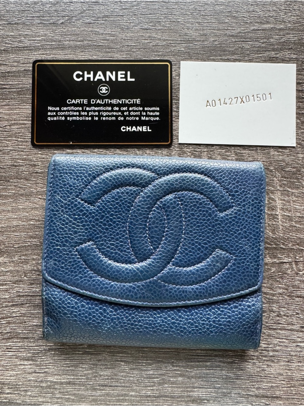 CHANEL Navy Caviar Leather Compact Wallet with Embossed CC